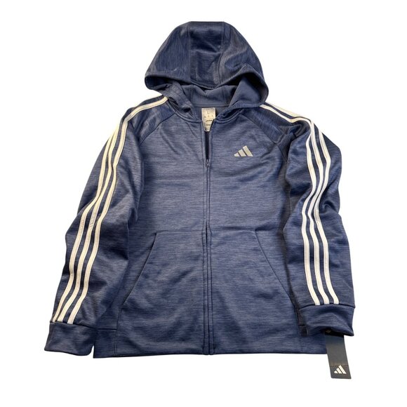 Adidas Boys Blue Full-Zip Hoodie Sz L 14/16 Reg Fit Fleece-Lined Activewear - Picture 2 of 12